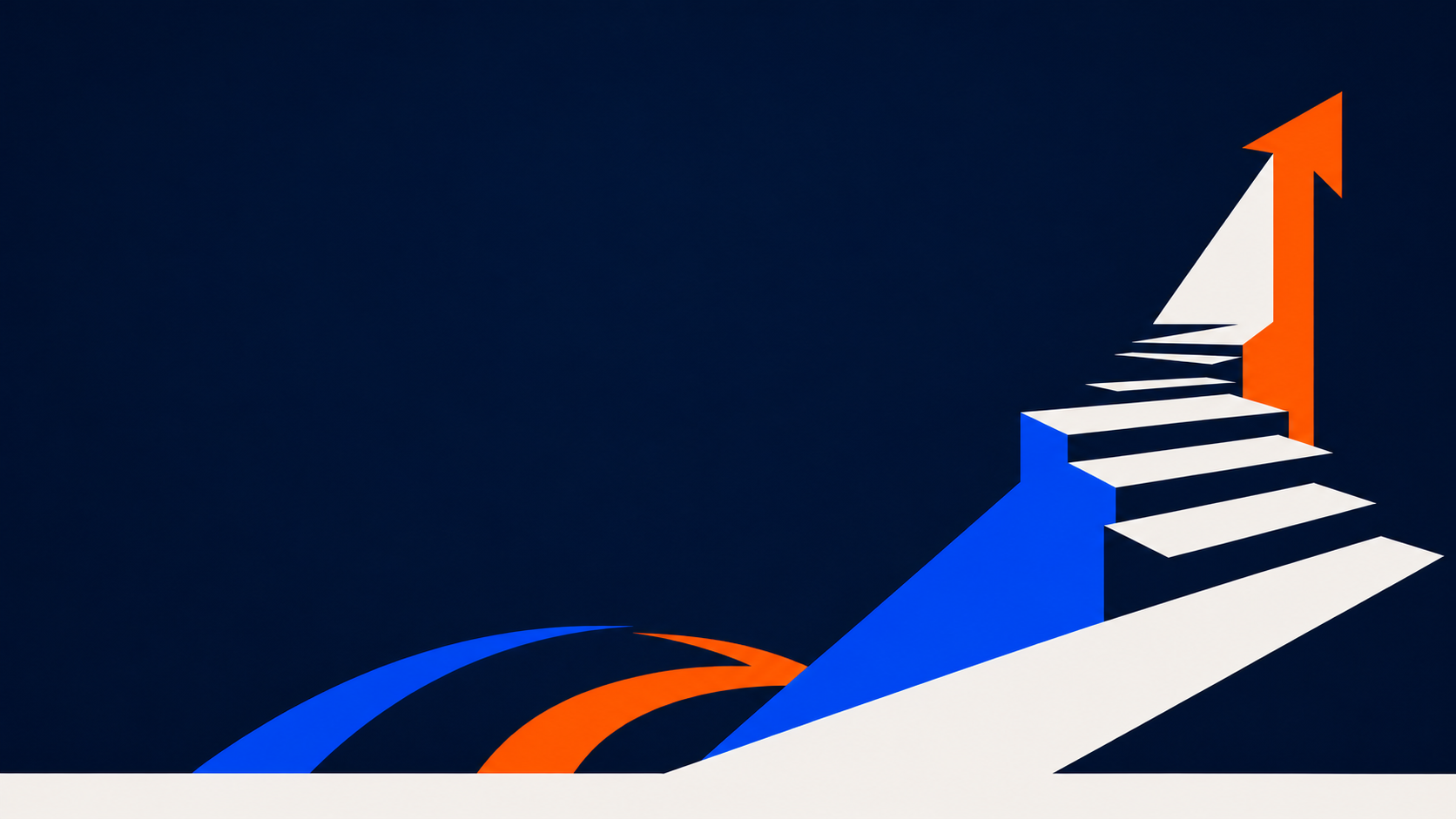 White steps rise along a cobalt path toward a tall orange arrow